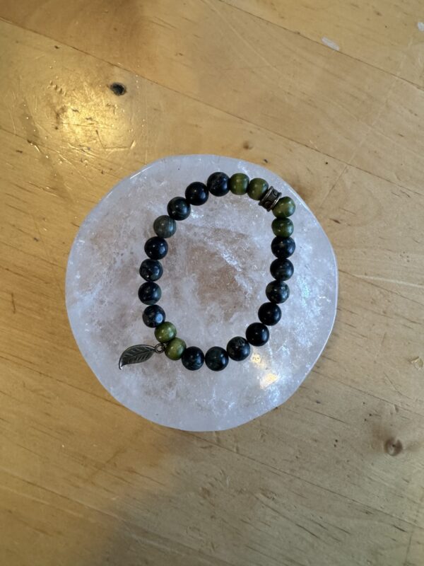 Kambaba Jasper and Wood Bracelet with Leaf Charm