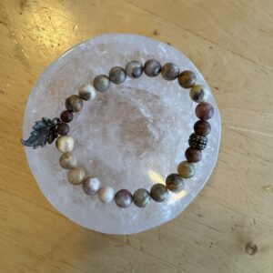 Crazy Lace Agate Bracelet with Leaf Charm