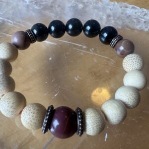 Wood, Obsidian and Mookaite Jasper Bracelet